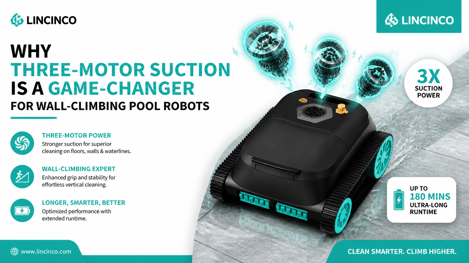 لماذا يعد الشفط ثلاثي المحركات بمثابة تغيير في قواعد اللعبة بالنسبة لروبوتات حمامات السباحة التي تتسلق الجدران